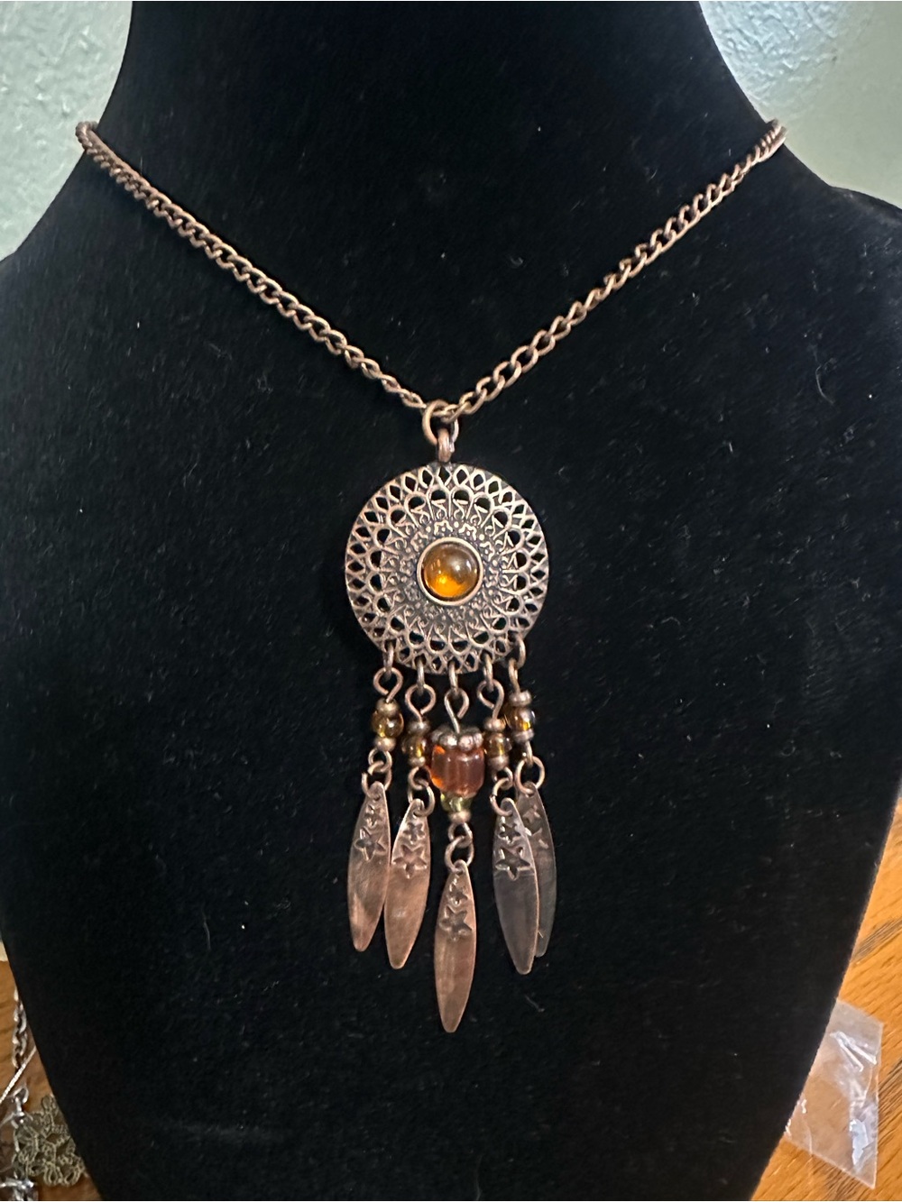 Copper Dreamcatcher Pendant Necklace with Amber Accent